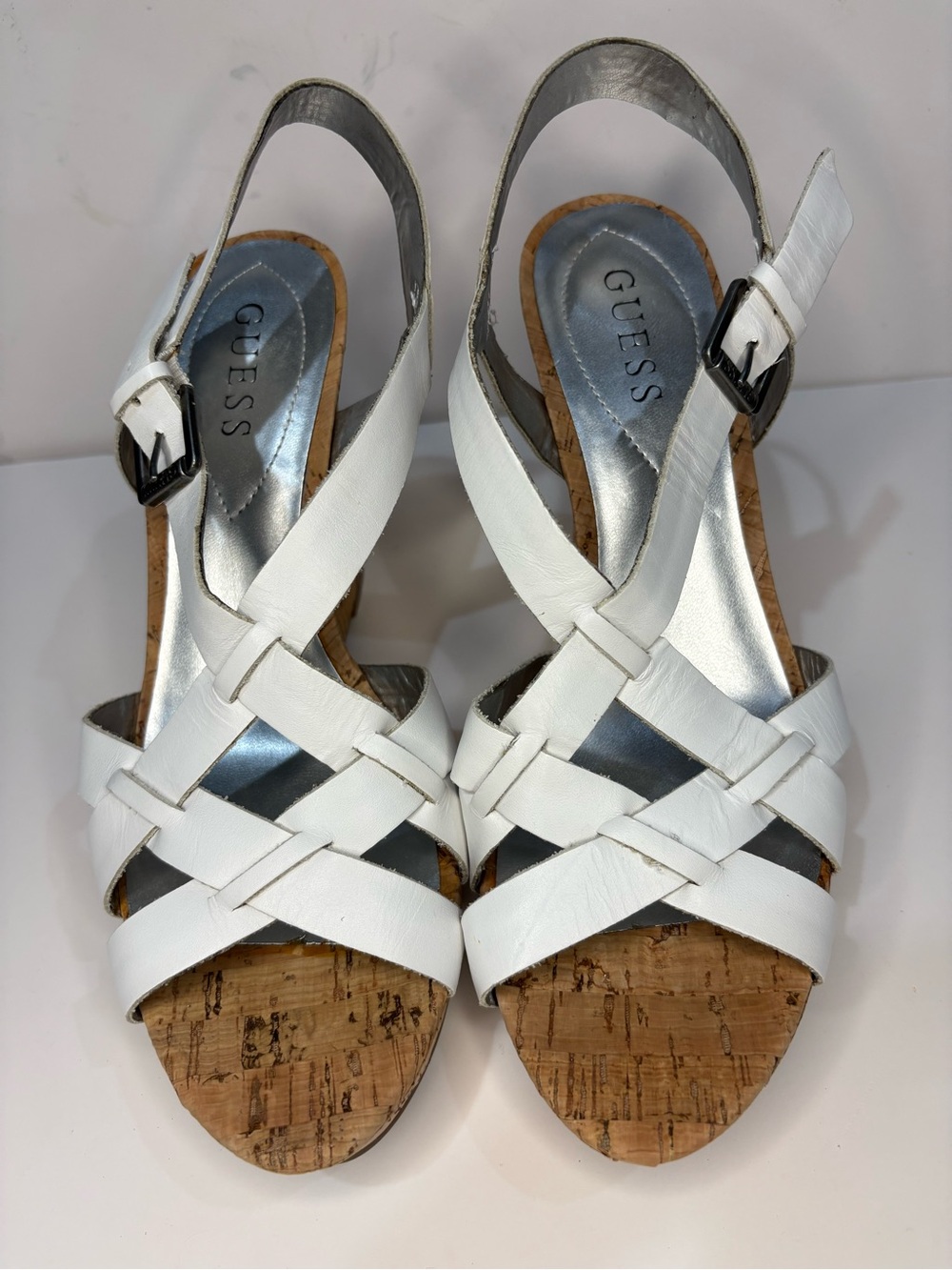 GUESS White Woven Leather Cork Wedge Sandals with Silver Insole